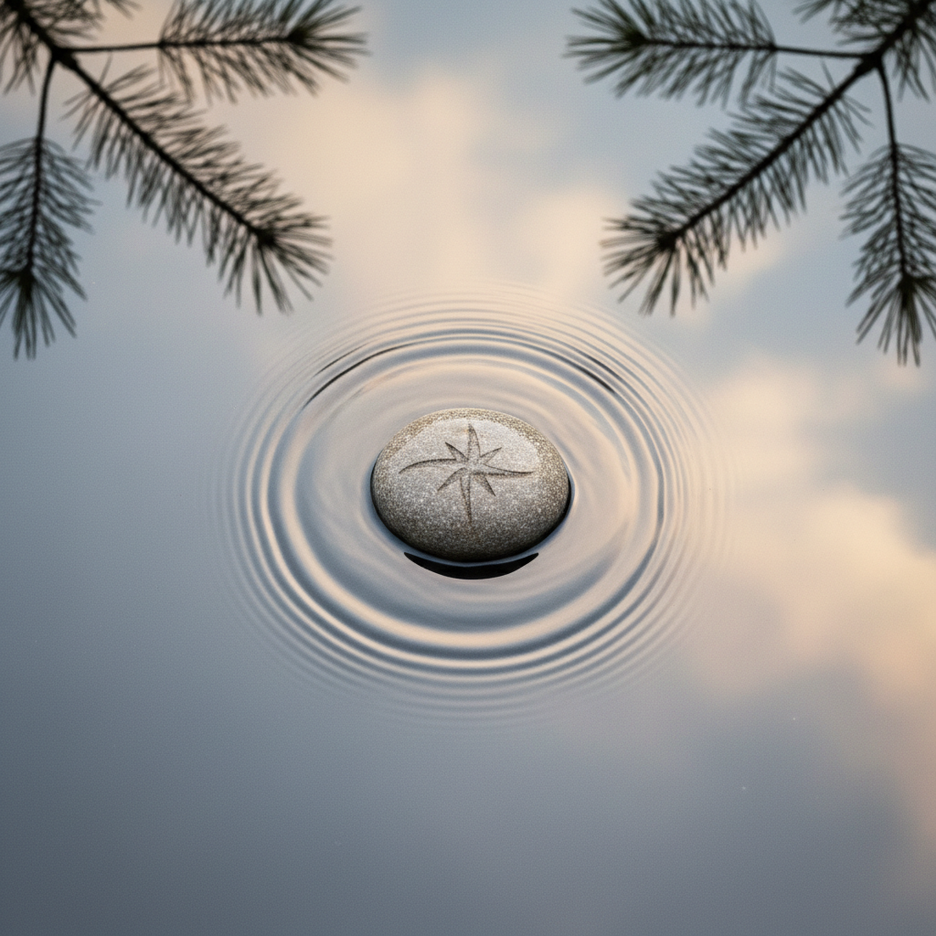 A single, smooth river stone engraved with a subtle, abstract north star symbol, resting at the center of concentric ripples in a still, mirror-like pool. The water reflects a muted dawn sky in soft blues and pale golds, with silhouettes of distant pine branches framing the upper edges. Gentle, diffused morning light illuminates the stone’s wet surface, highlighting its speckled gray texture and the carved symbol. The atmosphere is serene and introspective, suggesting inner guidance and spiritual faith. Shot from a directly overhead, bird’s-eye view, the composition uses precise symmetry and negative space to create a calm, minimal, sophisticated photographic image that visually supports themes of reflection, healing, and finding one’s true north.