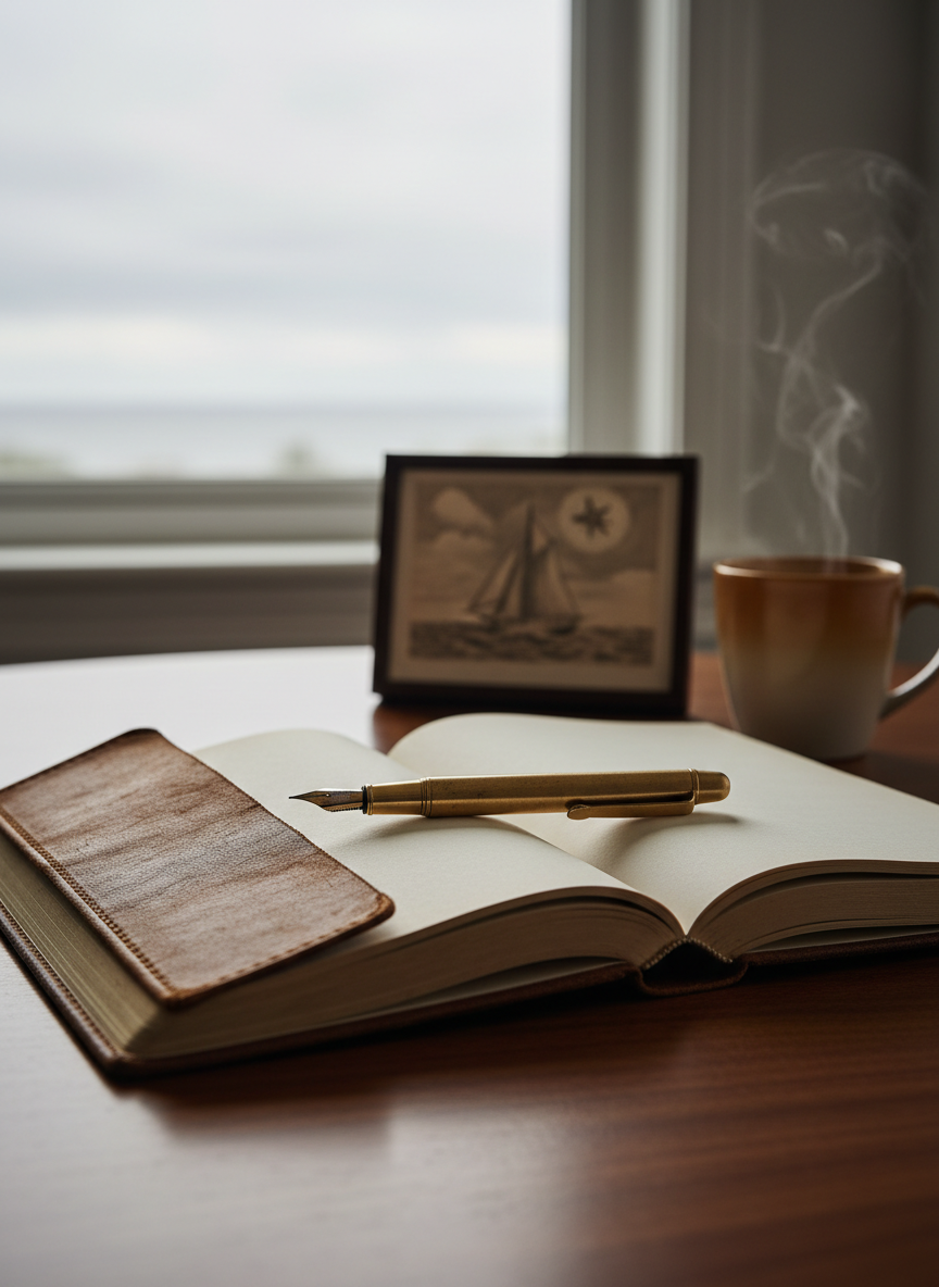 An open, leather-bound journal with cream, unlined pages lies on a rich walnut desk beside an antique brass fountain pen, its nib glinting faintly. Through a nearby window, an overcast sky filters soft, diffused daylight across the scene, creating gentle shadows and a calm, contemplative ambiance. A ceramic mug with faint steam sits out of focus in the background, alongside a small framed nautical sketch of a sailboat under a guiding star. Captured at an eye-level angle with a medium depth of field, the journal and pen are crisply detailed while the background blurs slightly. The mood is thoughtful and sophisticated, suggesting quiet moments of life reflection about family, career, and personal growth in a photographic, editorial style.